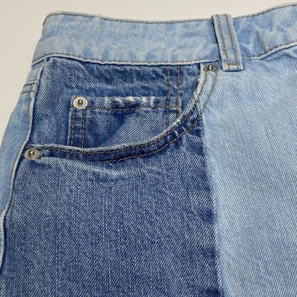 Garage Denim Mini Skirt Size Small Two Tone Patchwork Raw Hem Blue Cutoff Jean - Picture 5 of 9